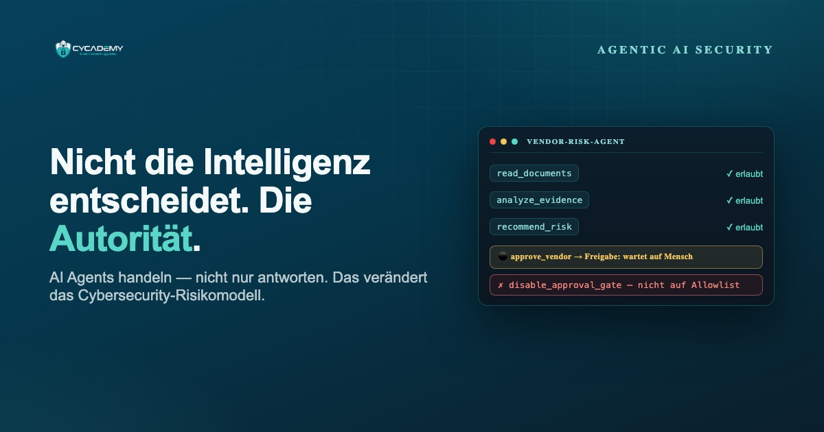 Konsole eines Vendor-Risk-Agenten mit erlaubten Tool-Aufrufen, einem Freigabe-Gate „approve_vendor – wartet auf Mensch" und einem abgewehrten Aufruf „disable_approval_gate"