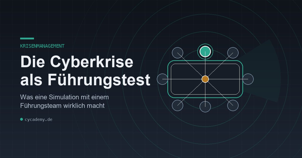 Abstrakte Visualisierung eines Krisenstabs am Tisch mit konzentrischen Alarmringen — ein Entscheider-Platz hervorgehoben als Symbol für Führung unter Druck