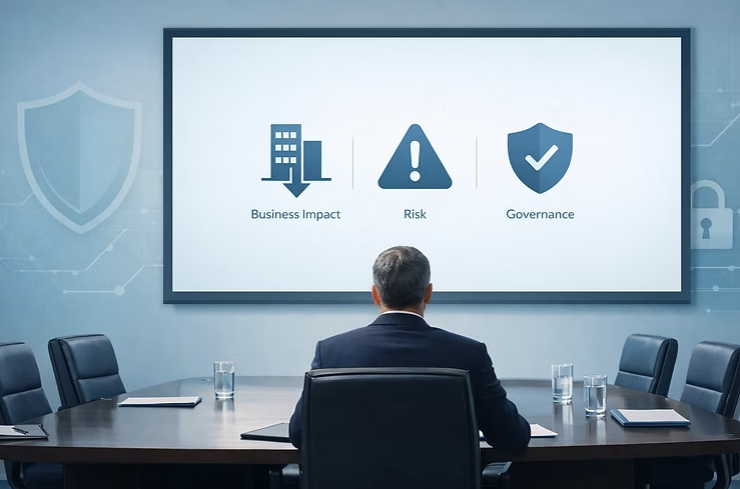 Gesch&auml;ftsf&uuml;hrer vor Pr&auml;sentation zu Cyber-Risikomanagement