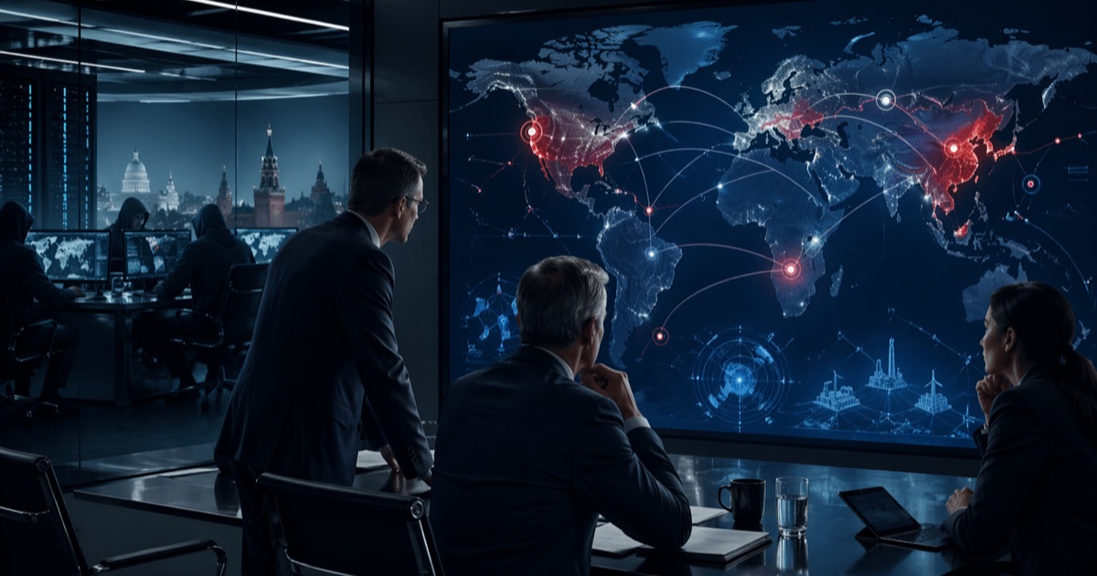 Executive-Team analysiert eine Weltkarte mit geopolitischen Cyberbedrohungsrouten und staatlich unterstützten Angriffs-Clustern