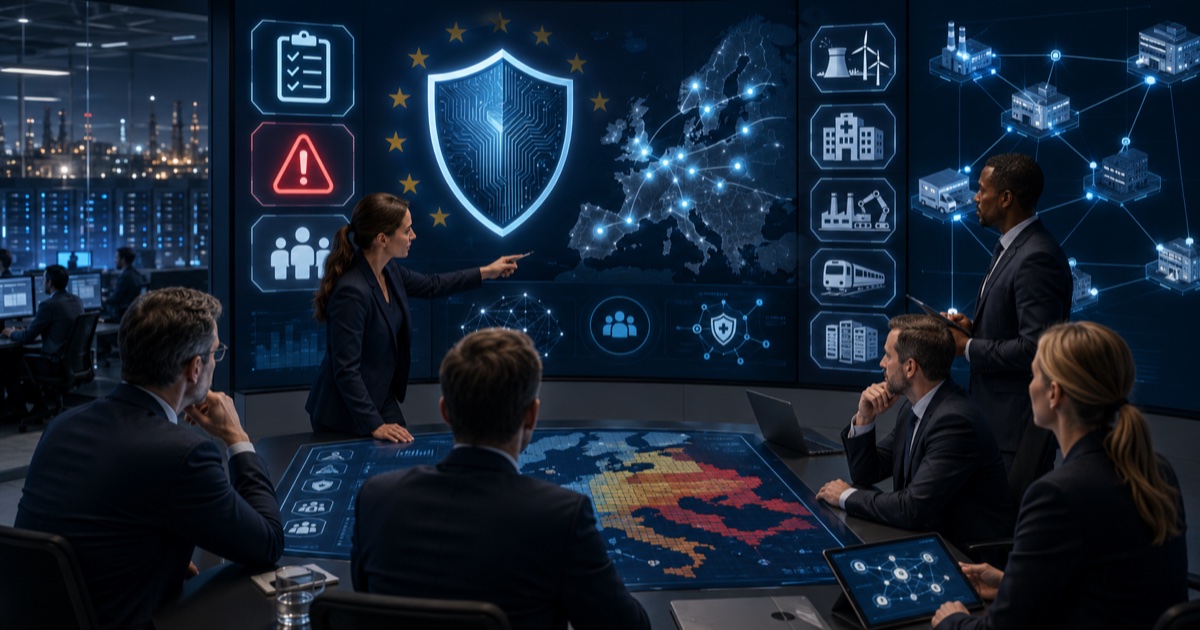Executive-Briefing zur NIS-2-Umsetzung: Boardroom mit europäischer Risikolandkarte und Übersicht kritischer Sektoren wie Energie, Gesundheit, Transport und digitale Infrastruktur