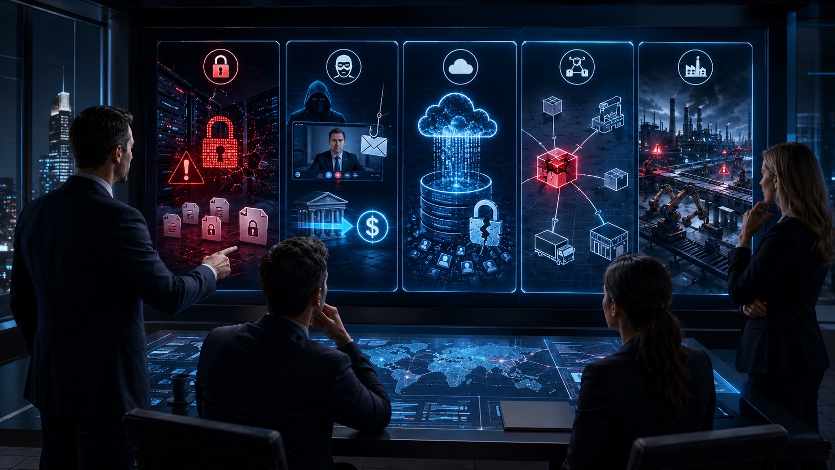 Krisenstab analysiert die fünf wichtigsten Cyber-Szenarien an einer digitalen Lagewand